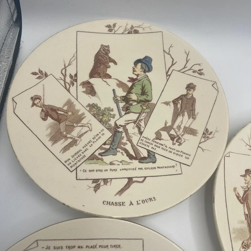6 U&C faience plates from Sarreguemines hunt French humor funny hunting comedy